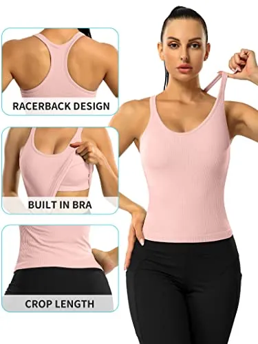 ATTRACO Women Yoga Tops with Built in Bra Gym Ribbed Workout Tank Crop Top Pink S