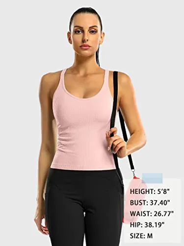 ATTRACO Women Yoga Tops with Built in Bra Gym Ribbed Workout Tank Crop Top Pink S