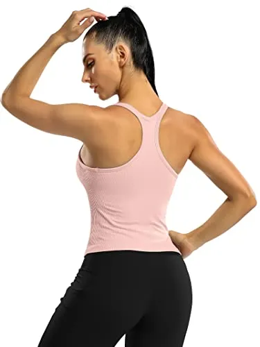 ATTRACO Women Yoga Tops with Built in Bra Gym Ribbed Workout Tank Crop Top Pink S
