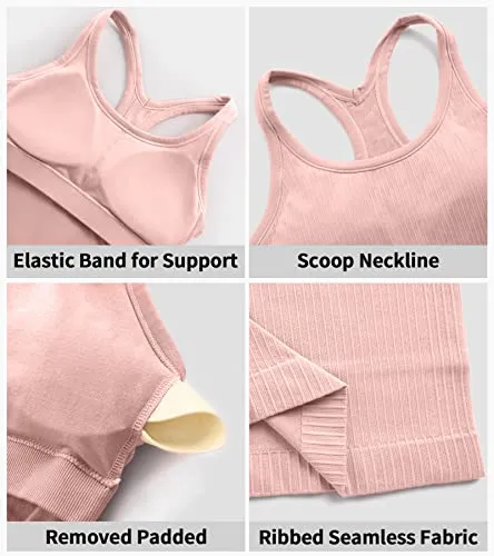 ATTRACO Women Yoga Tops with Built in Bra Gym Ribbed Workout Tank Crop Top Pink S