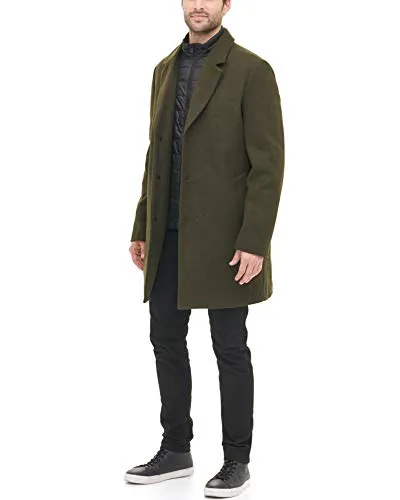 DKNY Men's Wool Blend Coat with Removable Quilted Bib, Olive, Medium