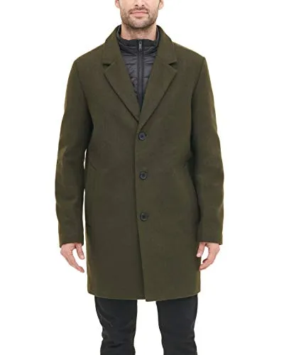 DKNY Men's Wool Blend Coat with Removable Quilted Bib, Olive, Medium