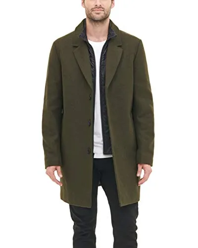 DKNY Men's Wool Blend Coat with Removable Quilted Bib, Olive, Medium