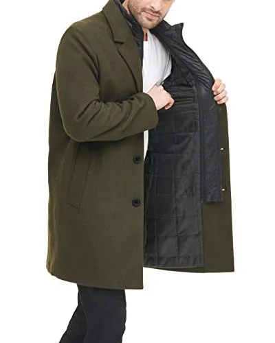DKNY Men's Wool Blend Coat with Removable Quilted Bib, Olive, Medium