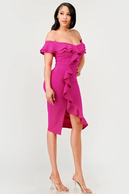 Fuchsia Off Shoulder Ruffle Trim Bodycon Dress