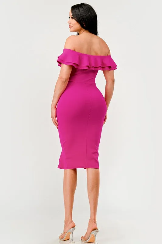Fuchsia Off Shoulder Ruffle Trim Bodycon Dress