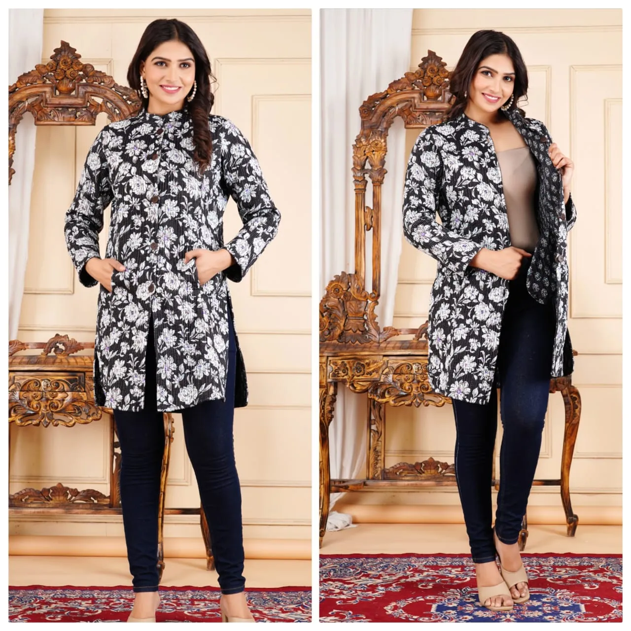 Handmade Women's Quilted Cotton Jacket Green Flower Print - Long Sleeve Bohemian Winter Wear Floral Reversible Coat