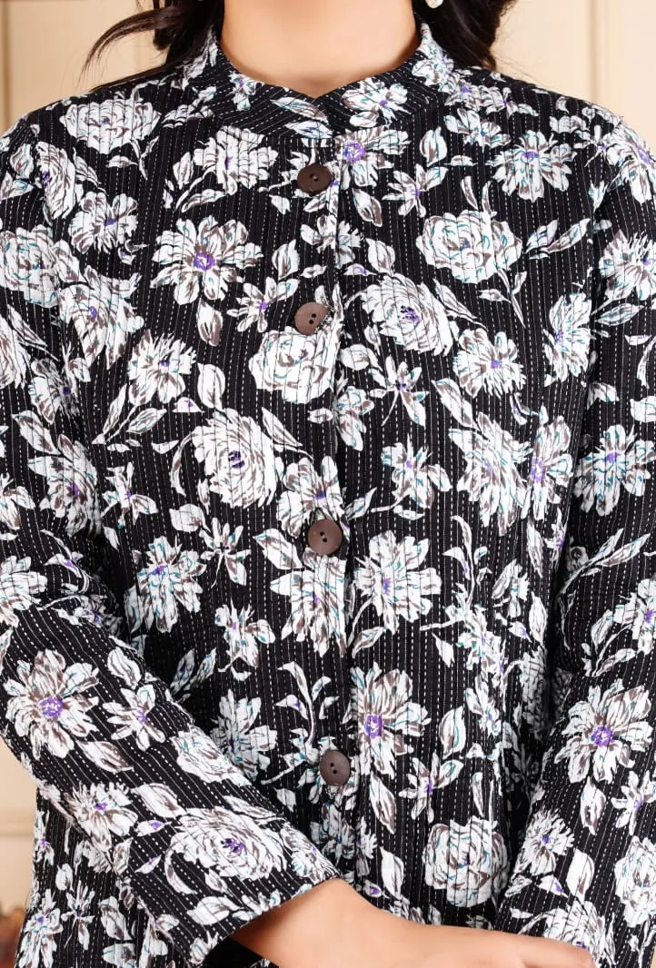 Handmade Women's Quilted Cotton Jacket Green Flower Print - Long Sleeve Bohemian Winter Wear Floral Reversible Coat