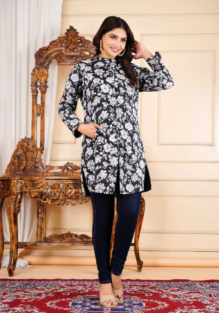 Handmade Women's Quilted Cotton Jacket Green Flower Print - Long Sleeve Bohemian Winter Wear Floral Reversible Coat
