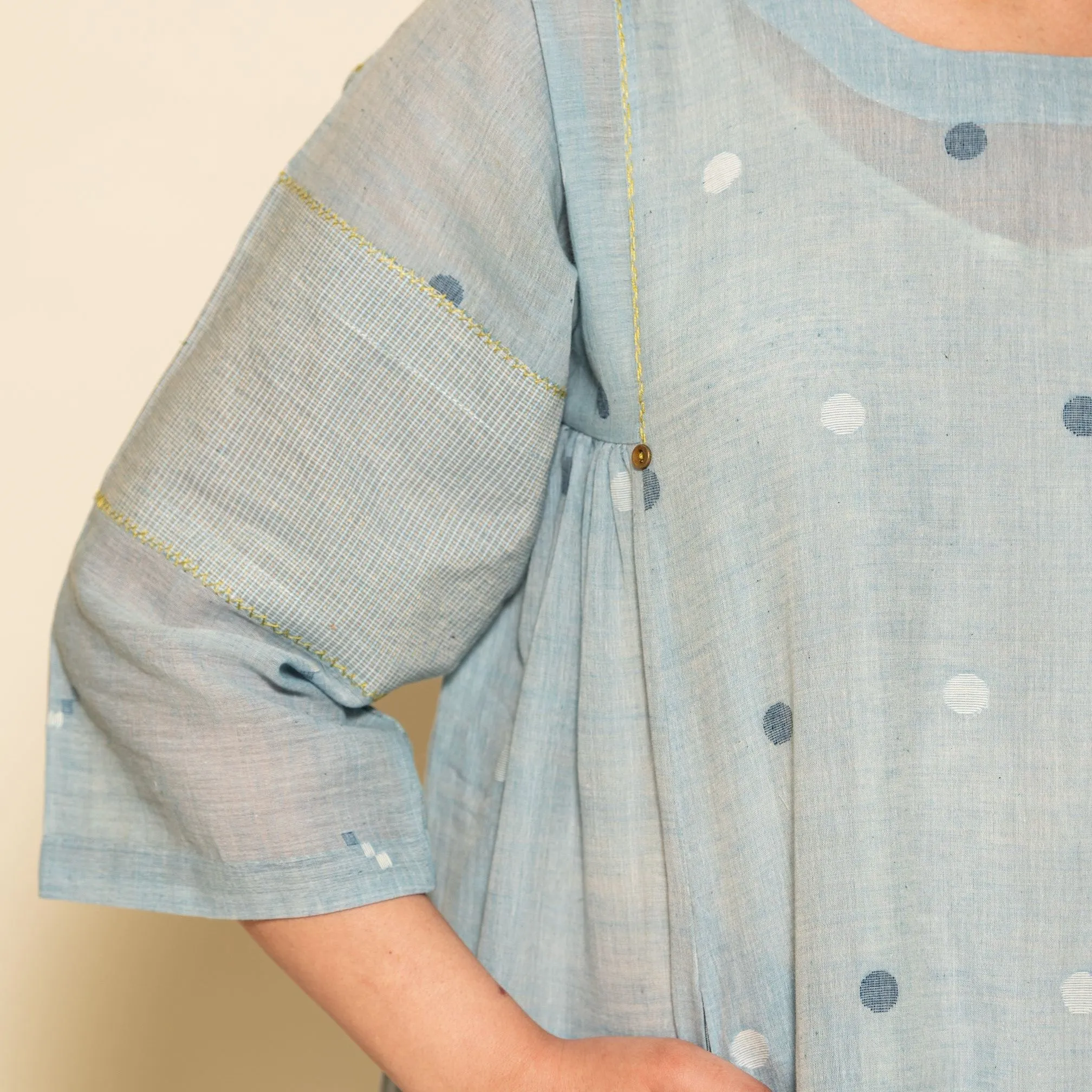 India, Karomi Crafts & Textiles, Powder Blue Small Circle Jamdani Side Gathered Patchwork Dress