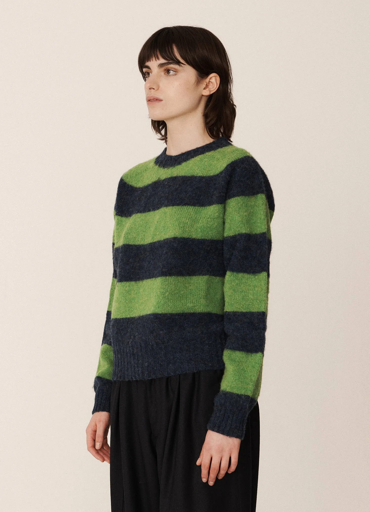 Jets Stripe Lambswool Crewneck - Navy/Green