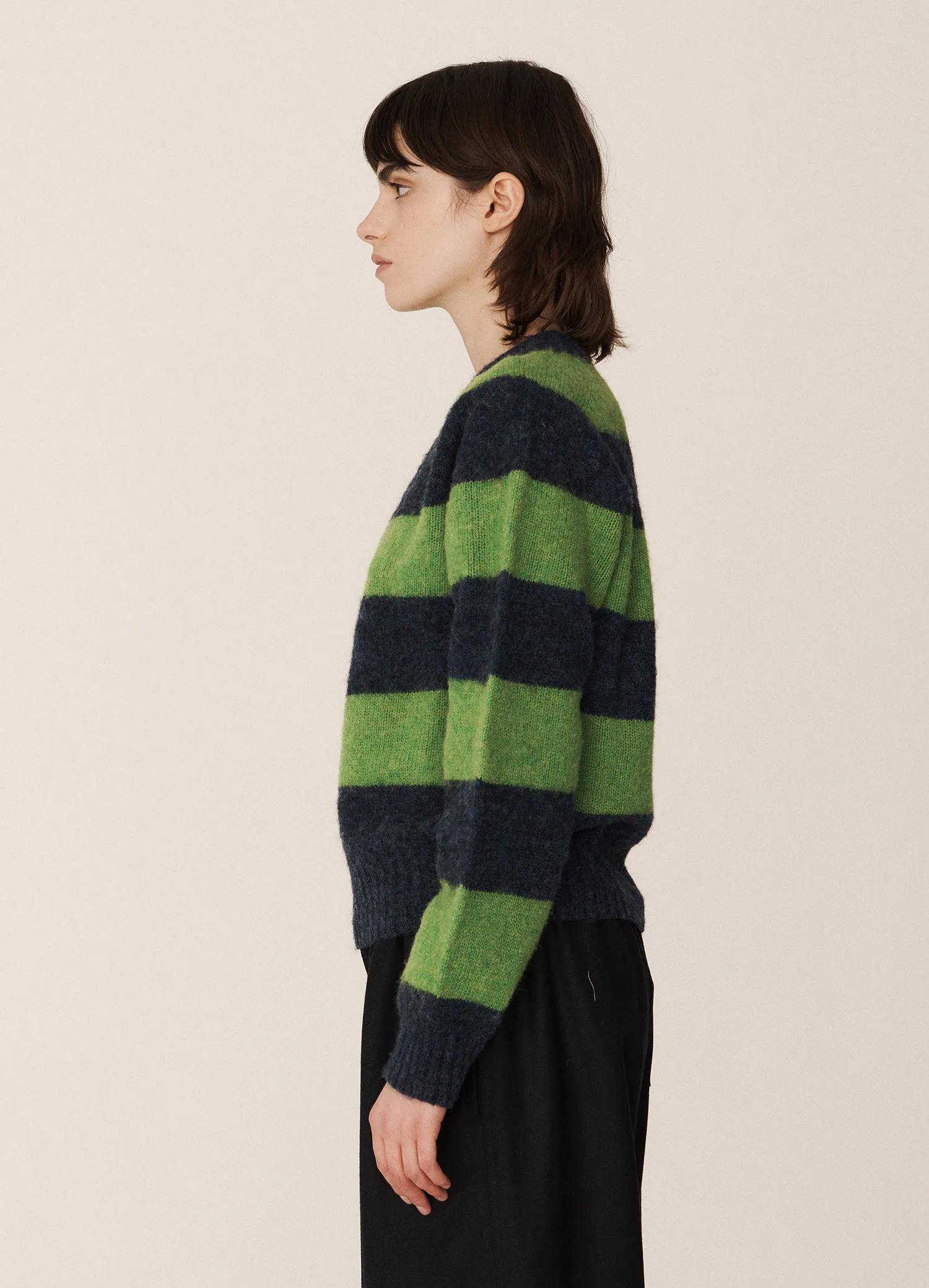 Jets Stripe Lambswool Crewneck - Navy/Green