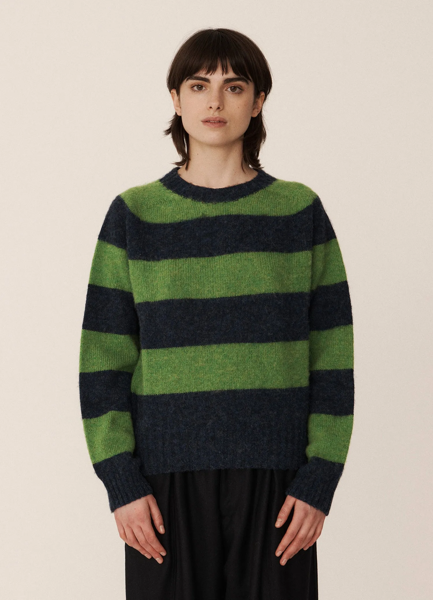 Jets Stripe Lambswool Crewneck - Navy/Green