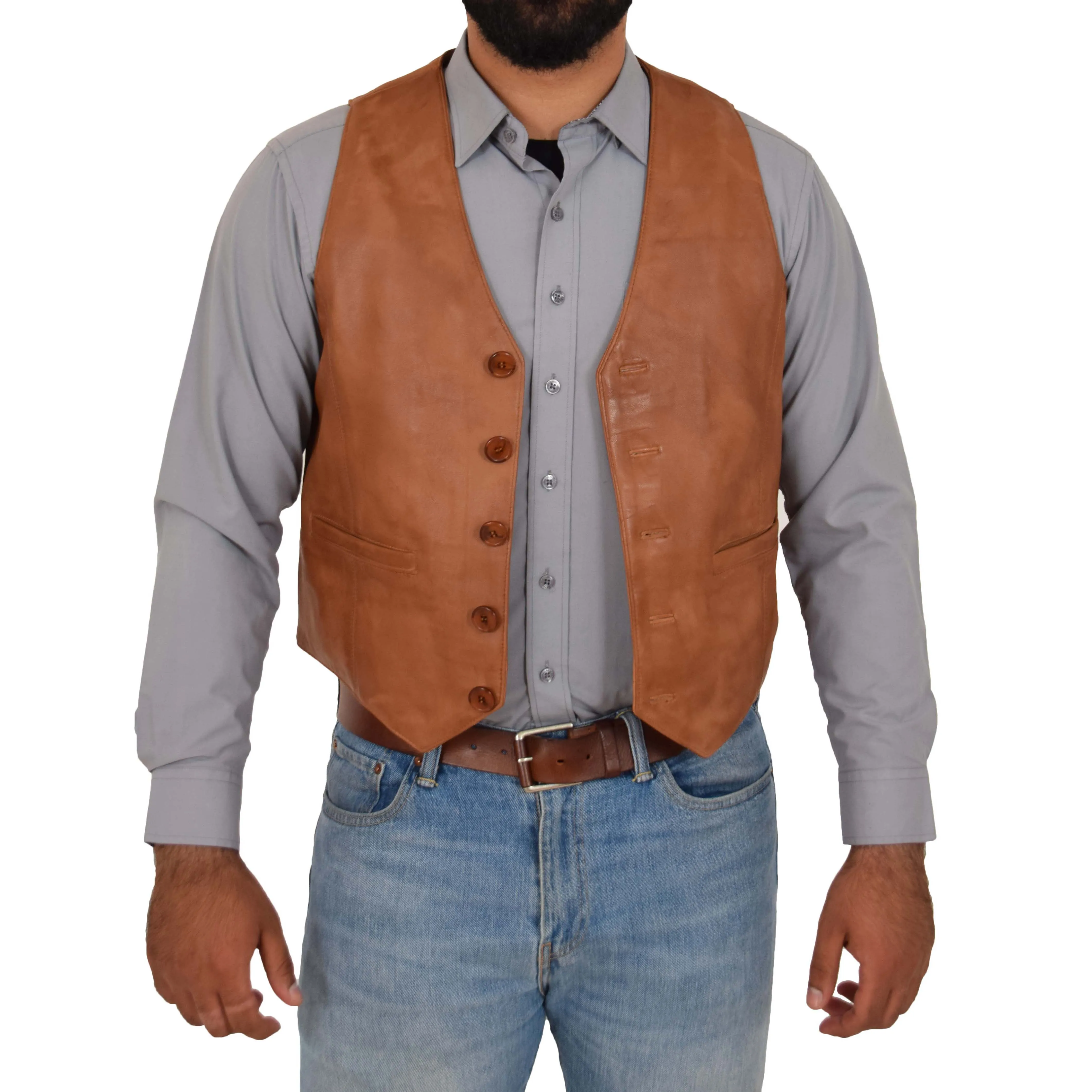 Mens Full Leather Waistcoat Gilet Traditional Smart Vest King Tan