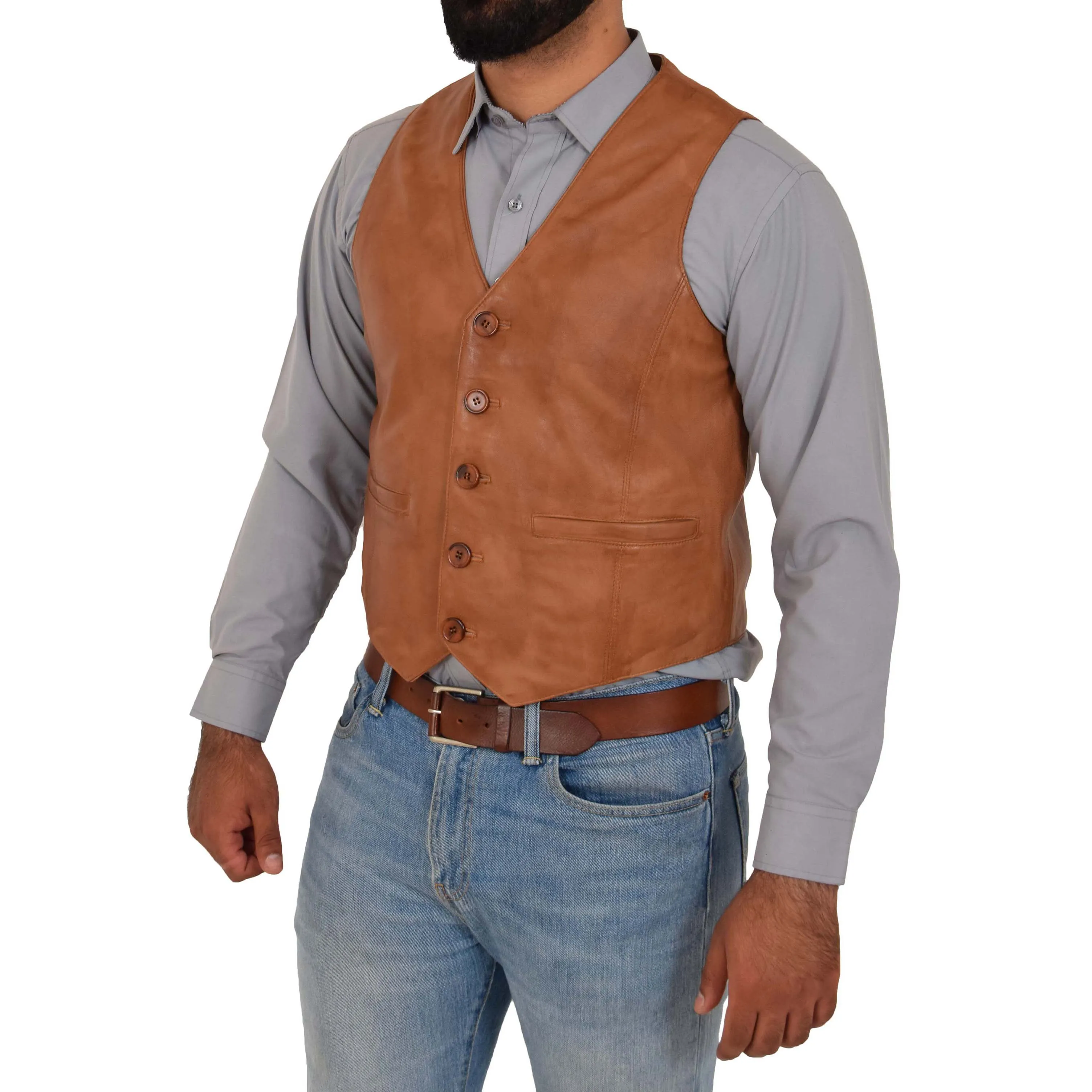 Mens Full Leather Waistcoat Gilet Traditional Smart Vest King Tan