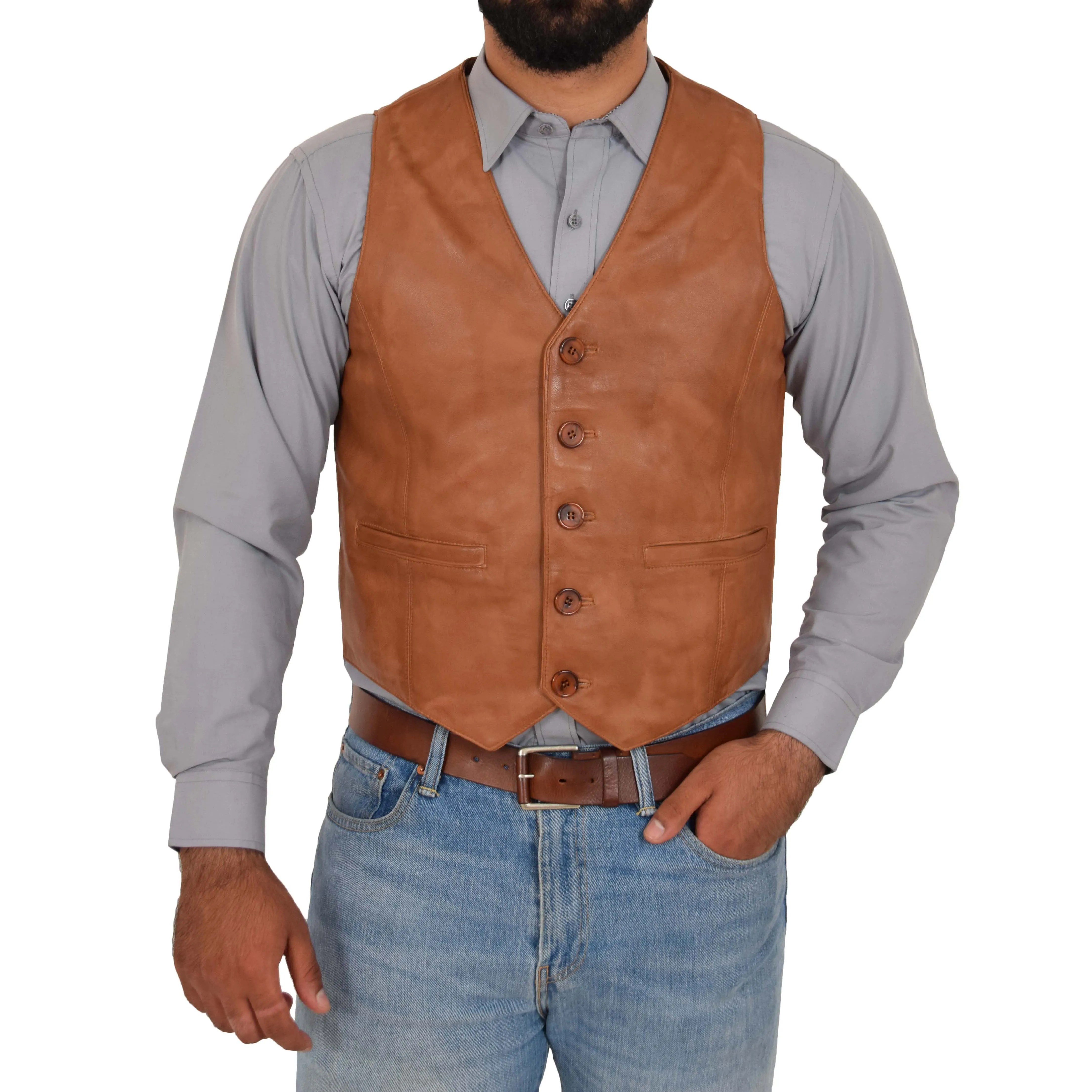 Mens Full Leather Waistcoat Gilet Traditional Smart Vest King Tan