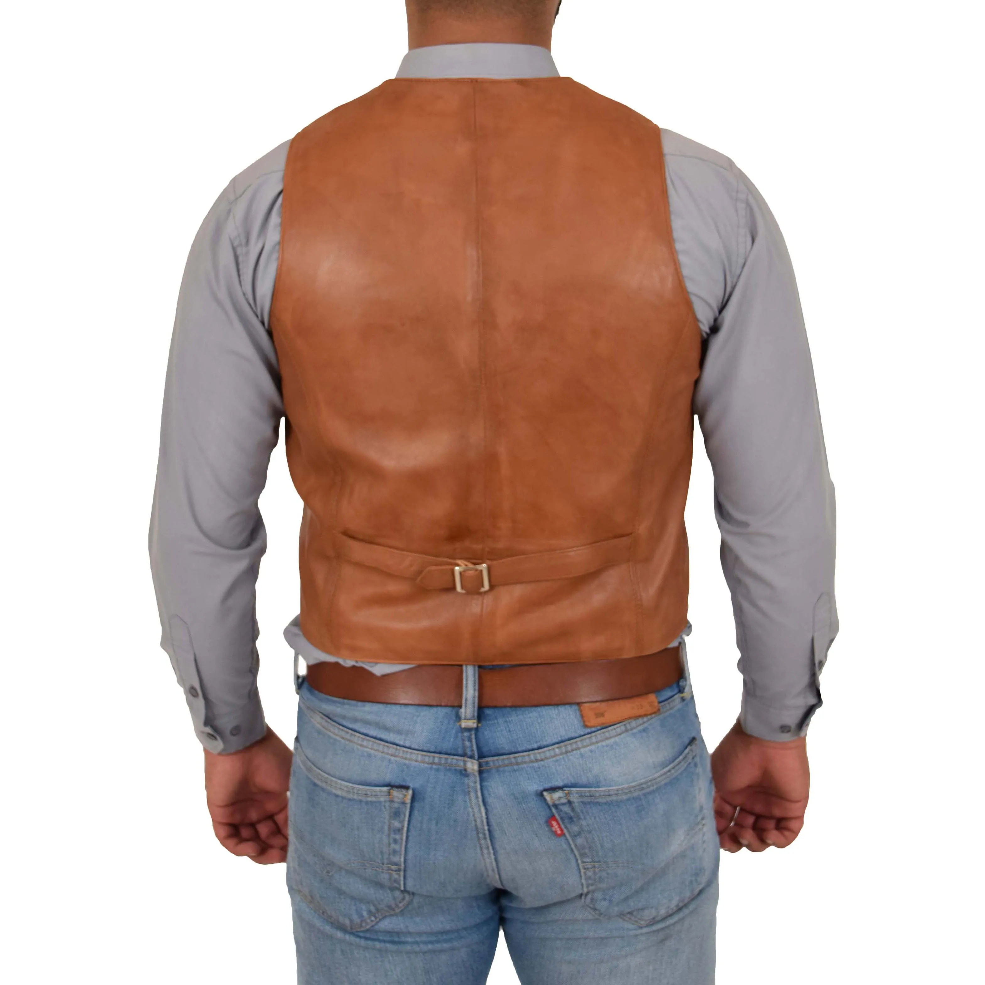 Mens Full Leather Waistcoat Gilet Traditional Smart Vest King Tan