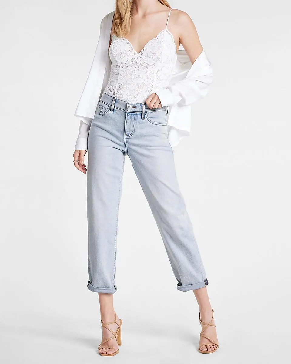 Mid Rise Blue Tinted Boyfriend Jeans in Light Wash