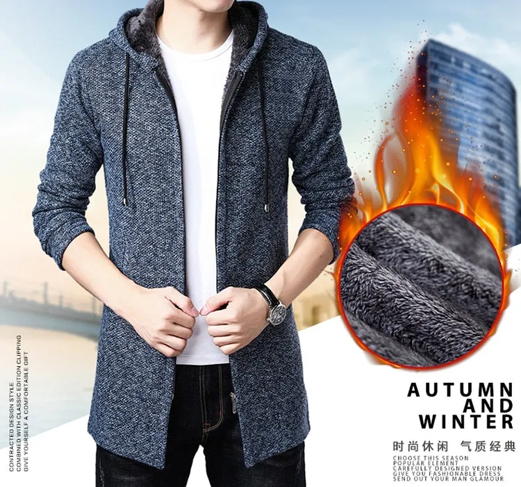 MoneRffi Sweater Men Clothes 2018 Winter Thick Warm Long Cardigan Men With Hood Sweater Coat With Cotton Liner Zipper Coats H004