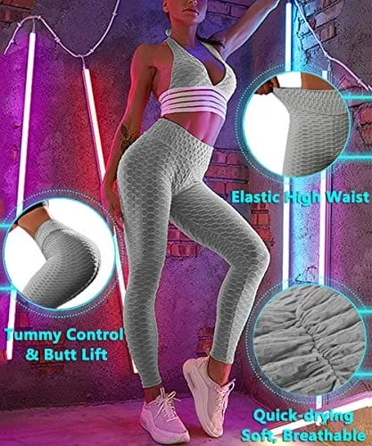 Murandick Textured Leggings for Women Scrunch High Waist Textured Yoga Workout Pants - Grey