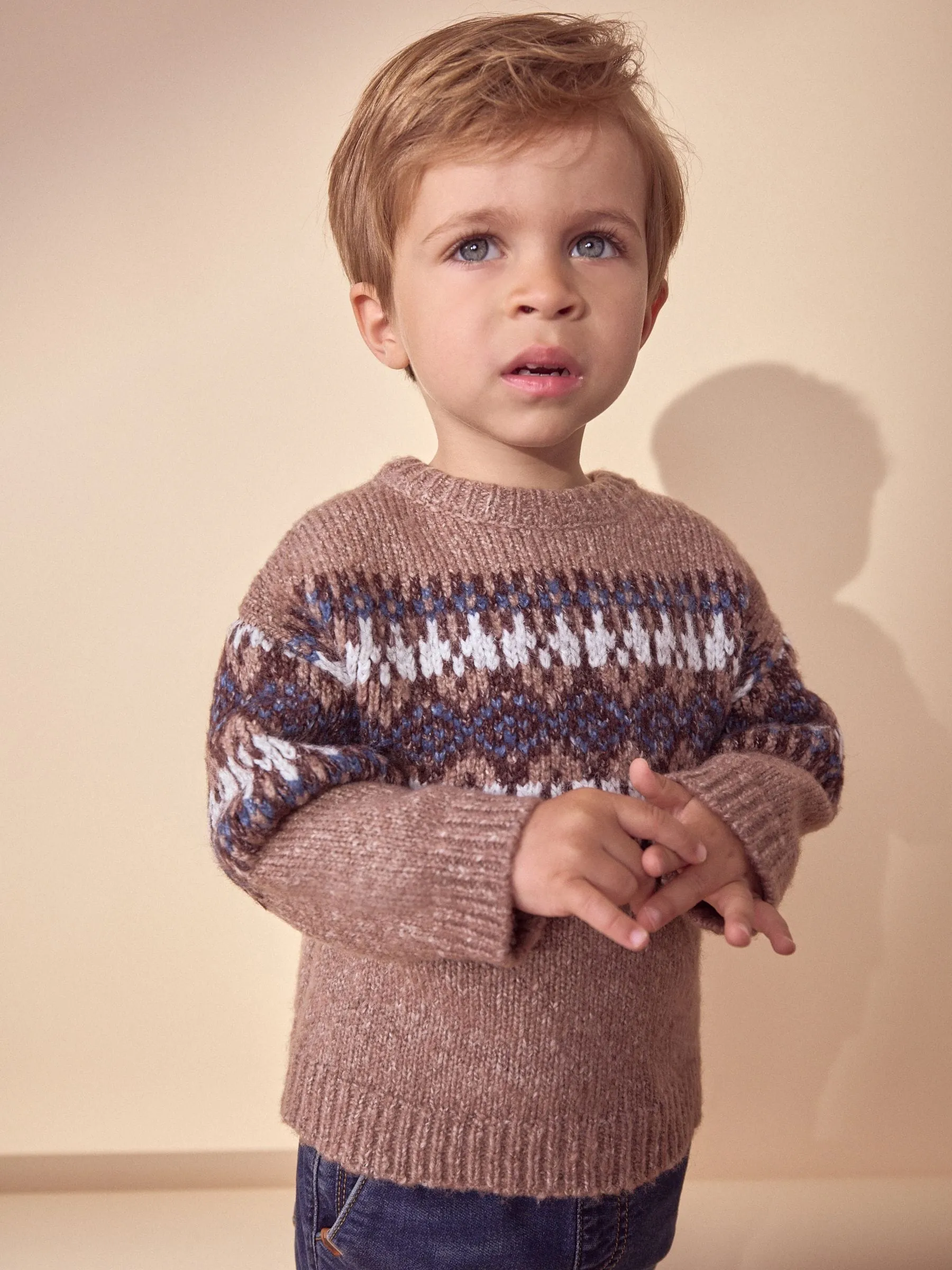Neutral Fairisle Fairisle Pattern Crew Neck Knitted Jumper (3mths-7yrs)