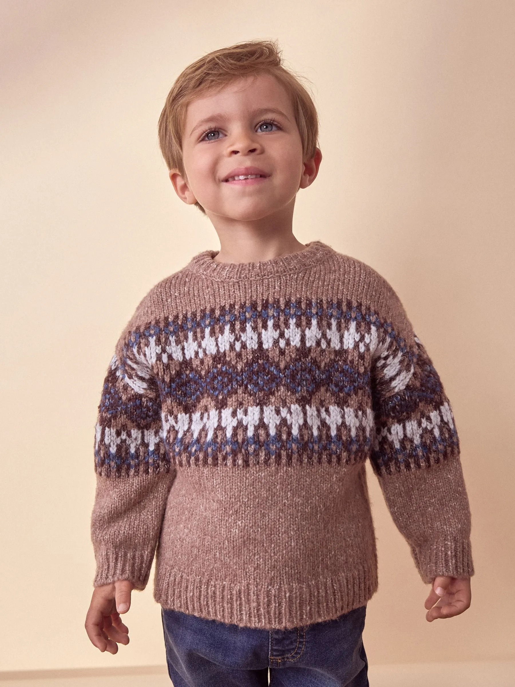 Neutral Fairisle Fairisle Pattern Crew Neck Knitted Jumper (3mths-7yrs)