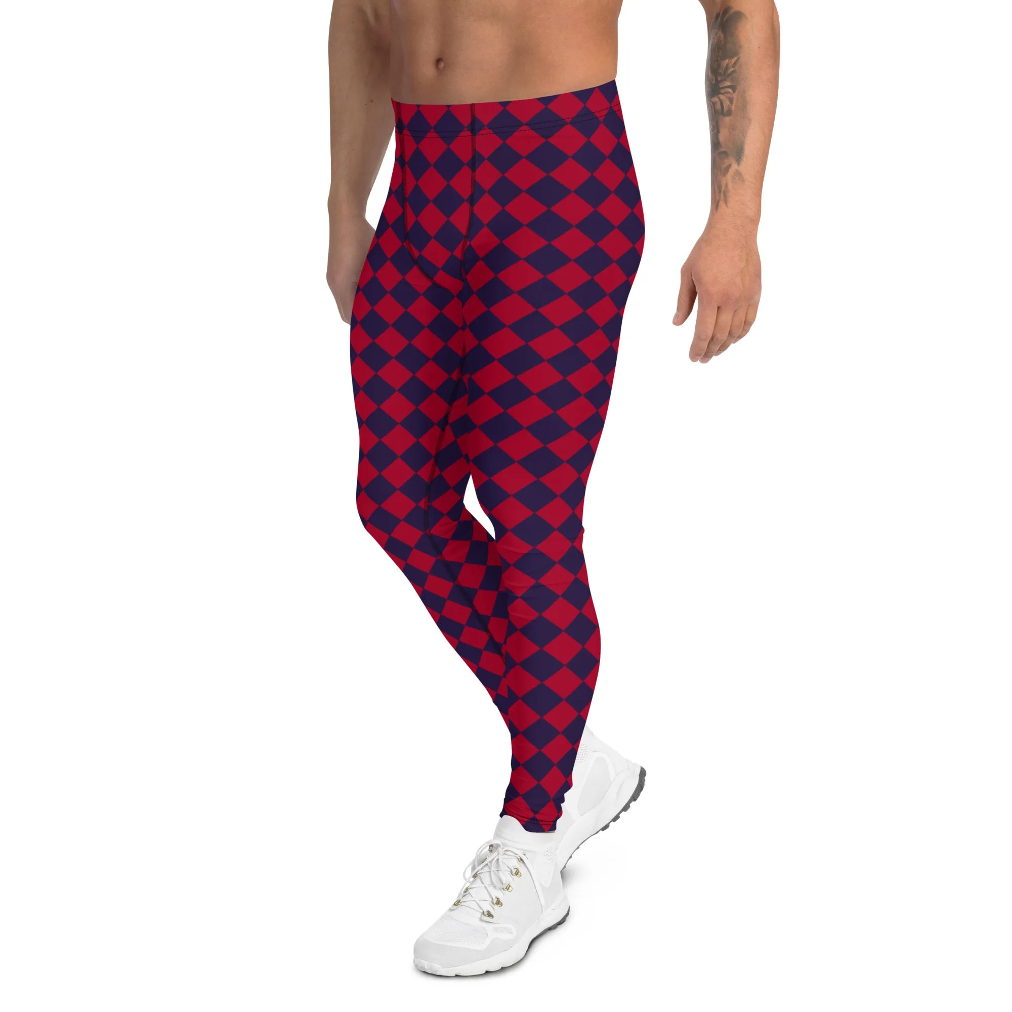Purple Red Checkered Men's Leggings, Check Pants Men, Men's Plaid Pants, Checkered Pants - Made in USA/EU/MX