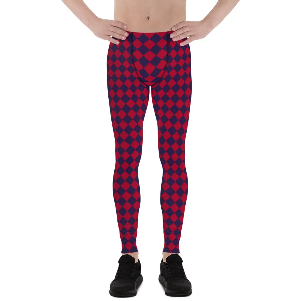 Purple Red Checkered Men's Leggings, Check Pants Men, Men's Plaid Pants, Checkered Pants - Made in USA/EU/MX