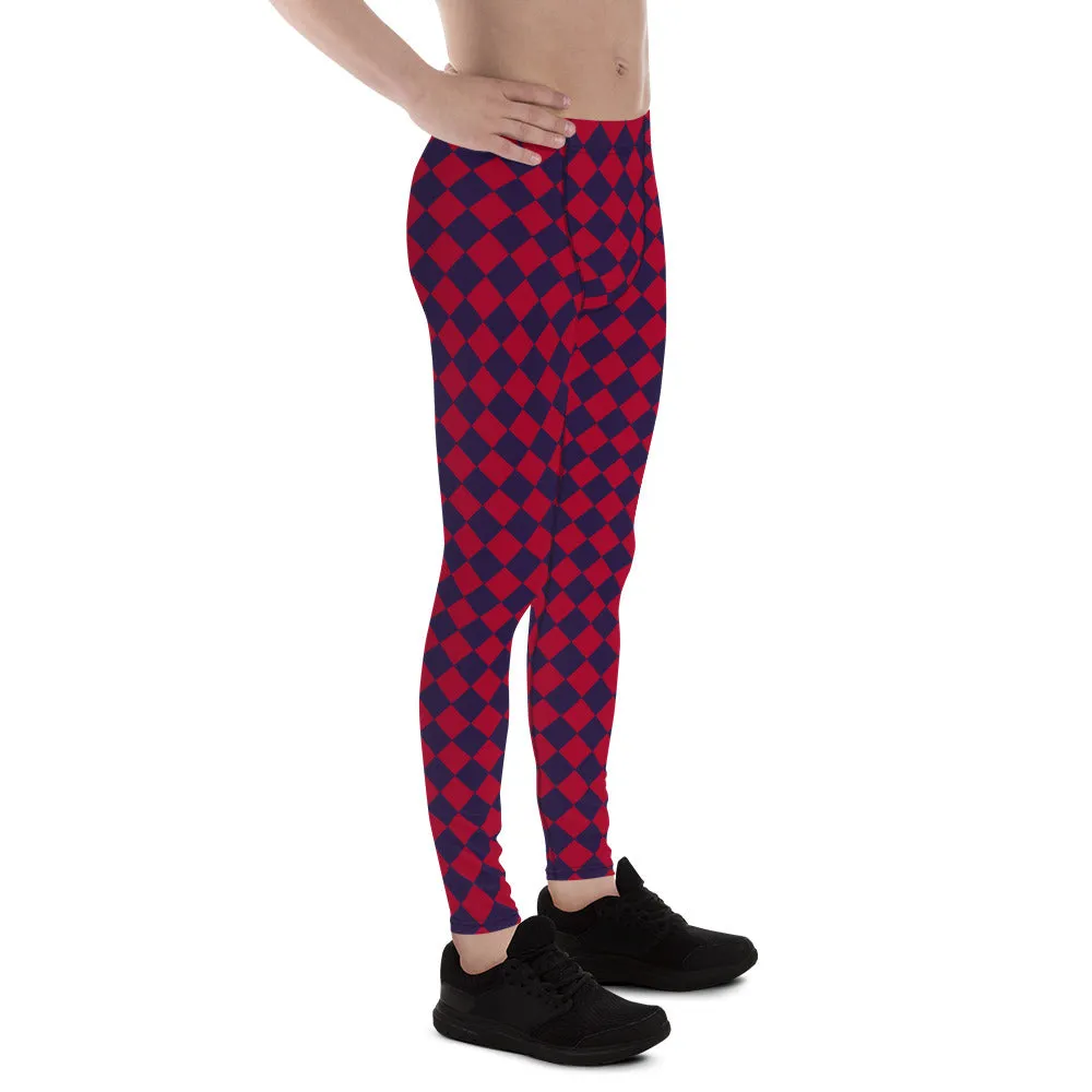 Purple Red Checkered Men's Leggings, Check Pants Men, Men's Plaid Pants, Checkered Pants - Made in USA/EU/MX