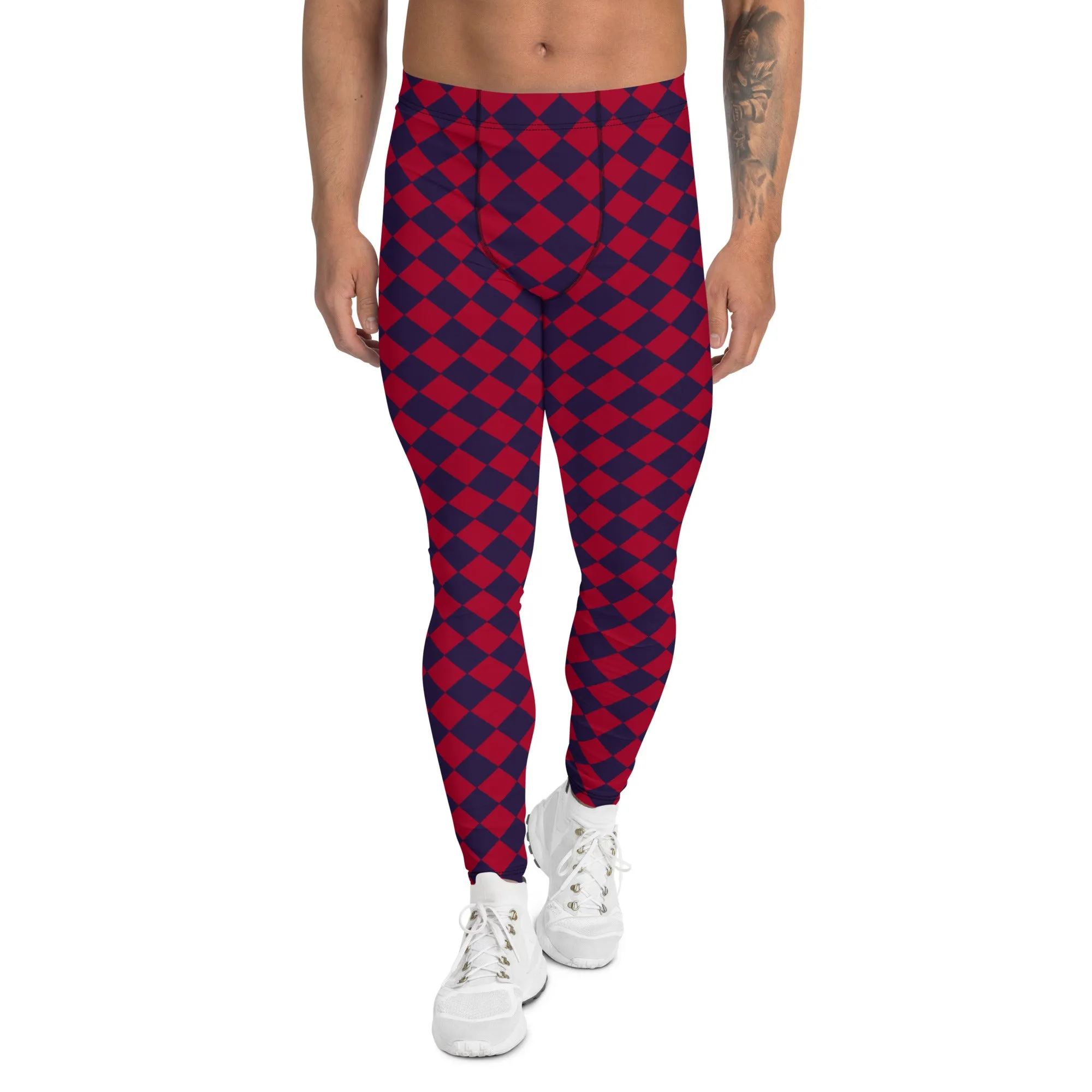 Purple Red Checkered Men's Leggings, Check Pants Men, Men's Plaid Pants, Checkered Pants - Made in USA/EU/MX
