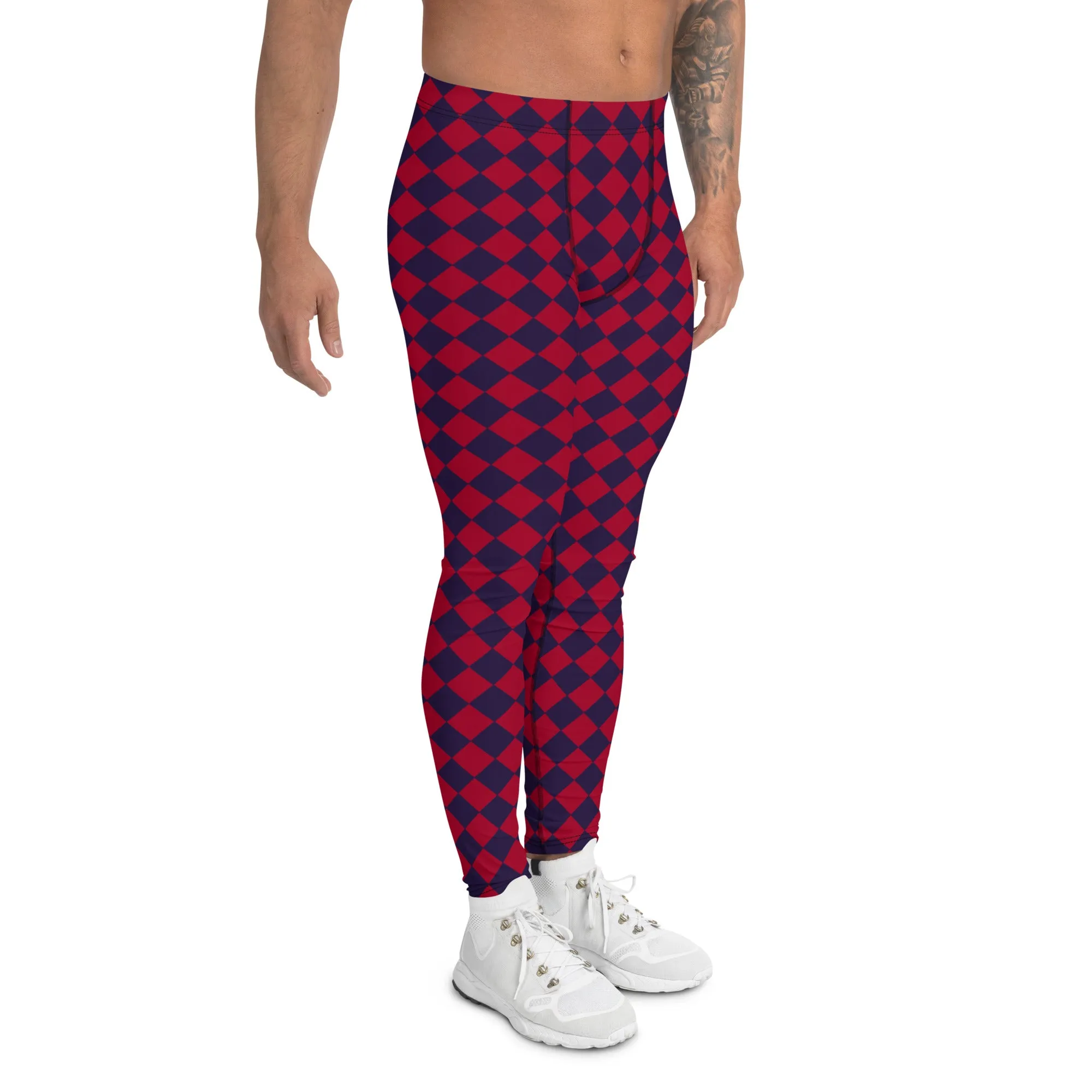 Purple Red Checkered Men's Leggings, Check Pants Men, Men's Plaid Pants, Checkered Pants - Made in USA/EU/MX