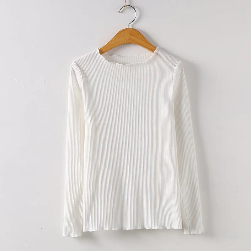 Ruffled Style Long Sleeve Bodycon Ribbed Shirt