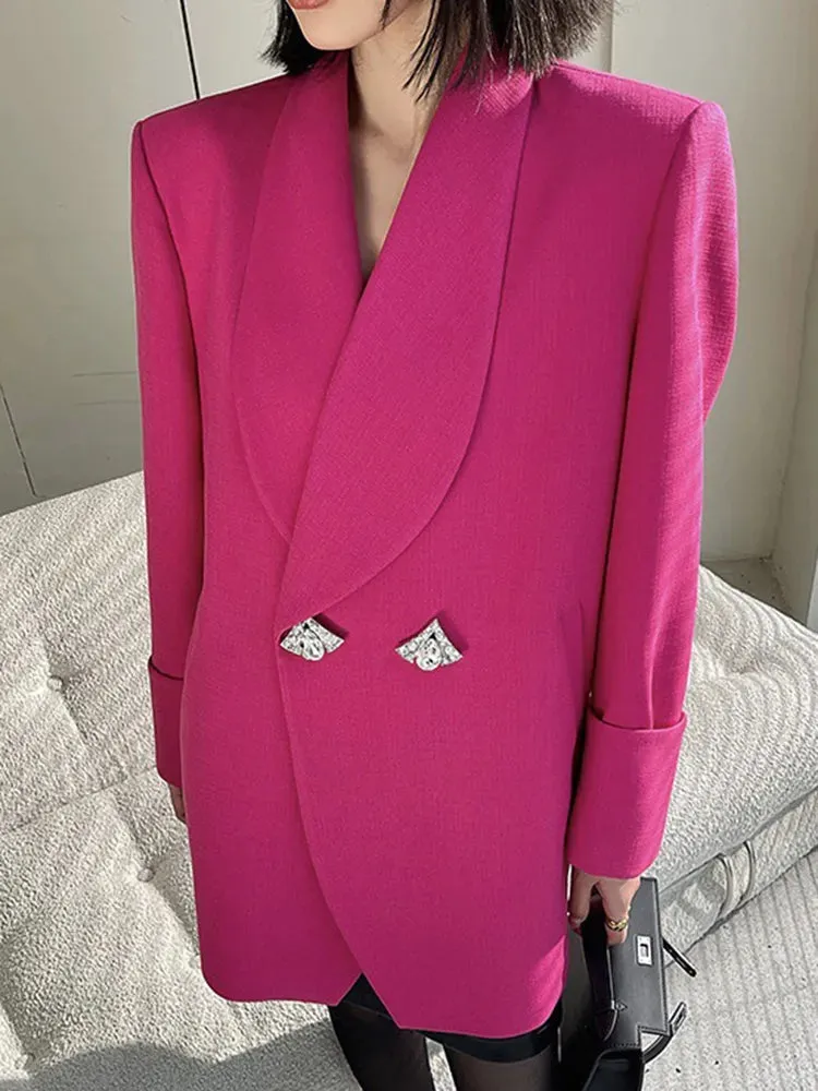 Solid Loose Patchwork Diamond Button Casual Blazers For Women Notched Collar Long Sleeve Chic Balzer Female