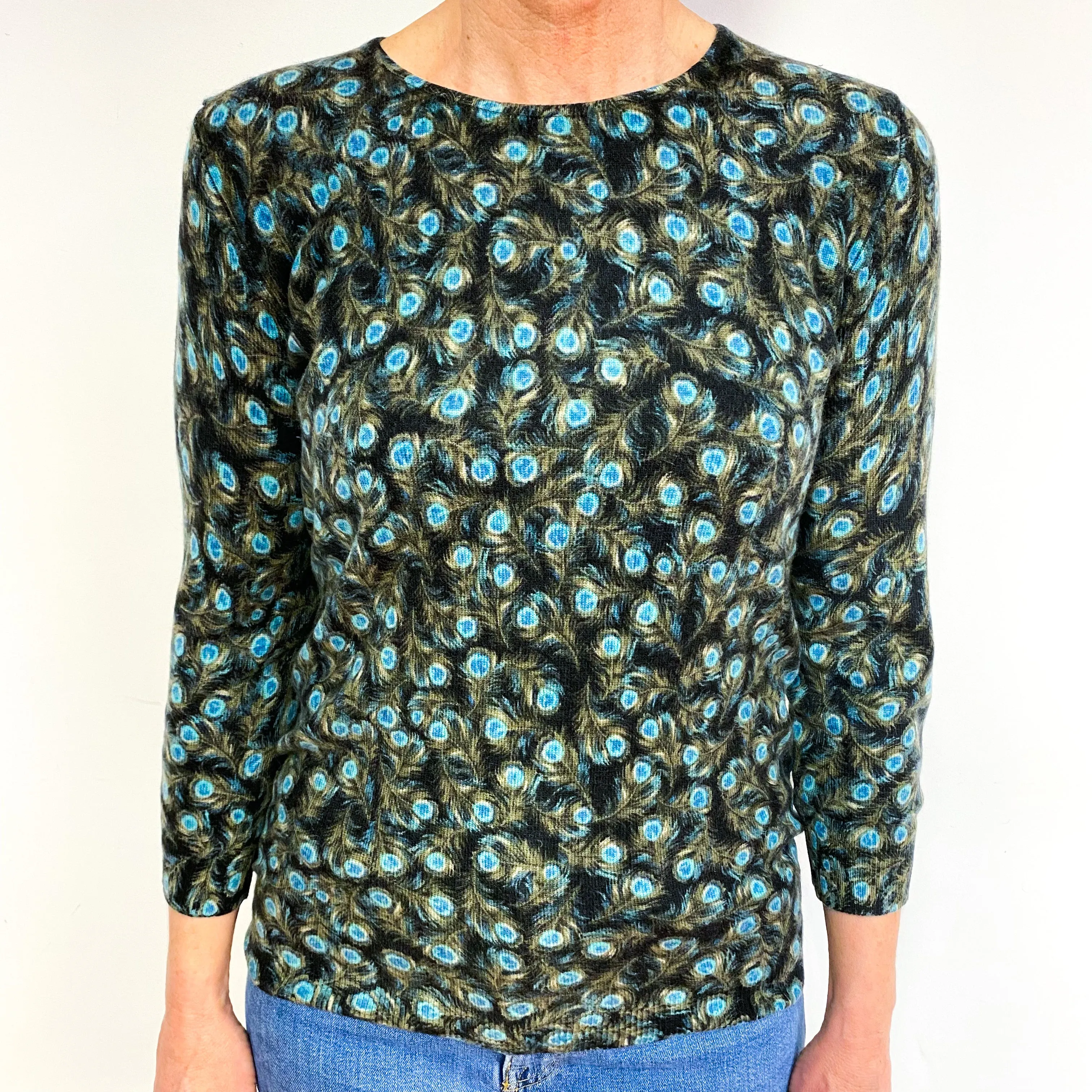 Turquoise And Navy Blue Cashmere Crew Neck Jumper Medium