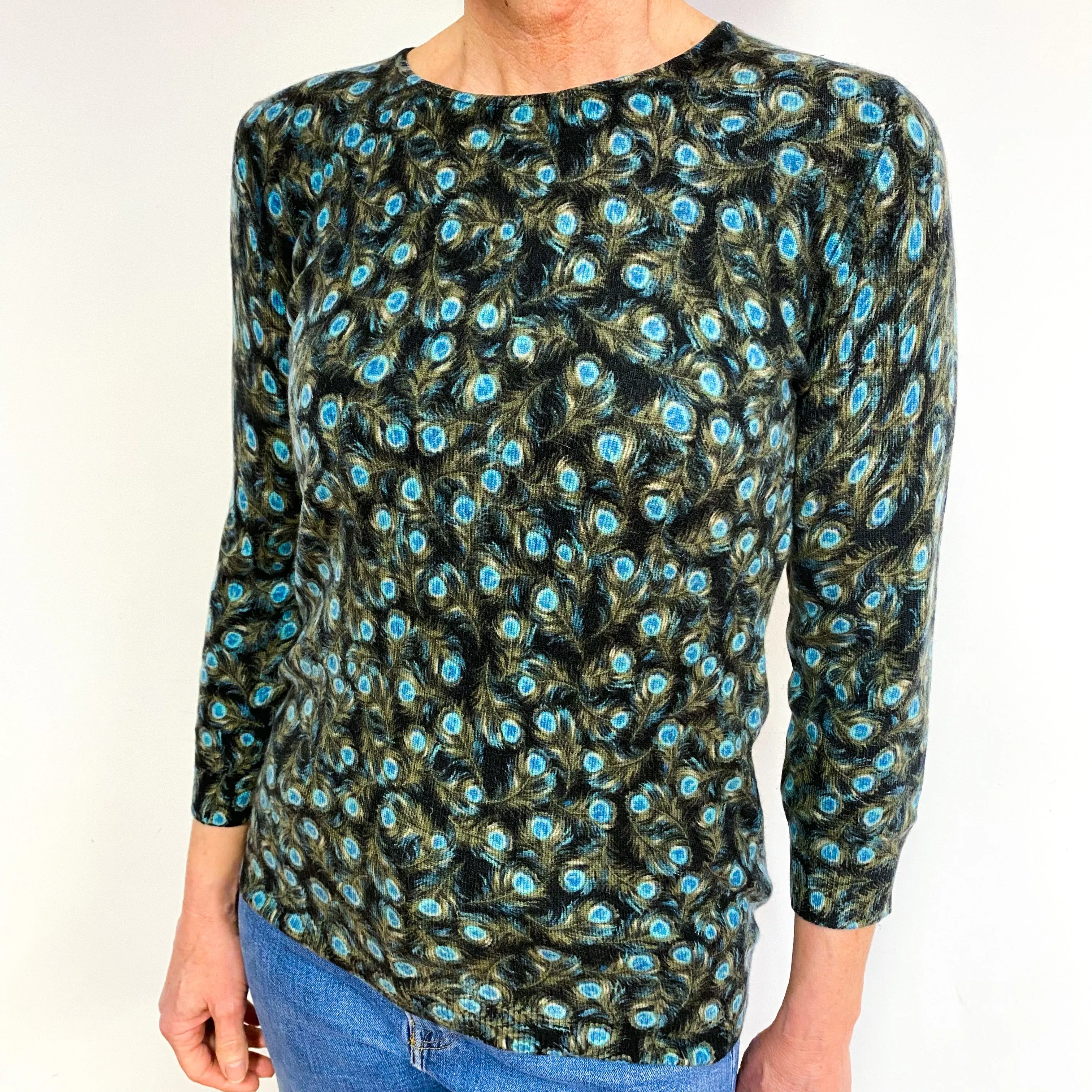 Turquoise And Navy Blue Cashmere Crew Neck Jumper Medium