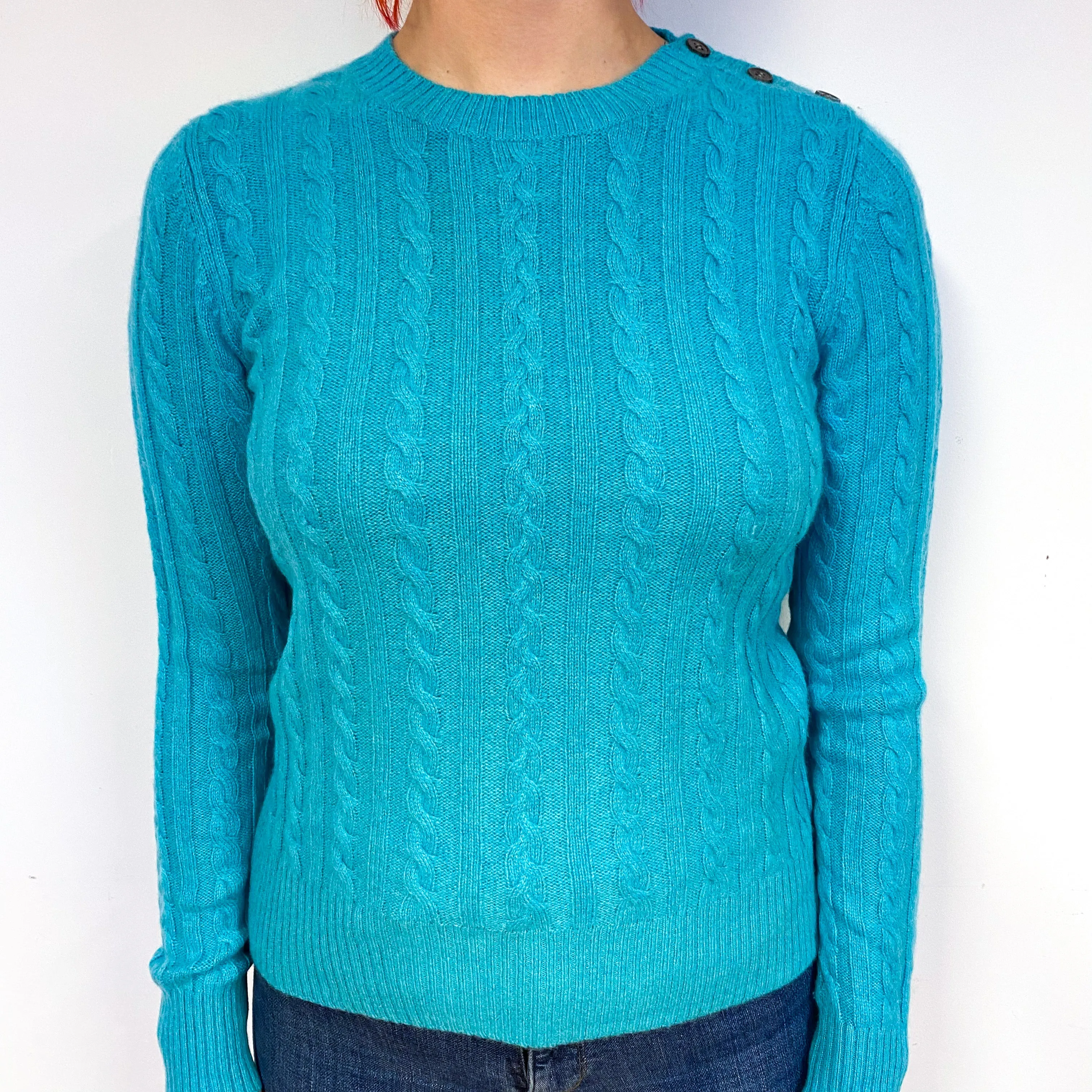 Turquoise Green Cable Cashmere Crew Neck Jumper Small