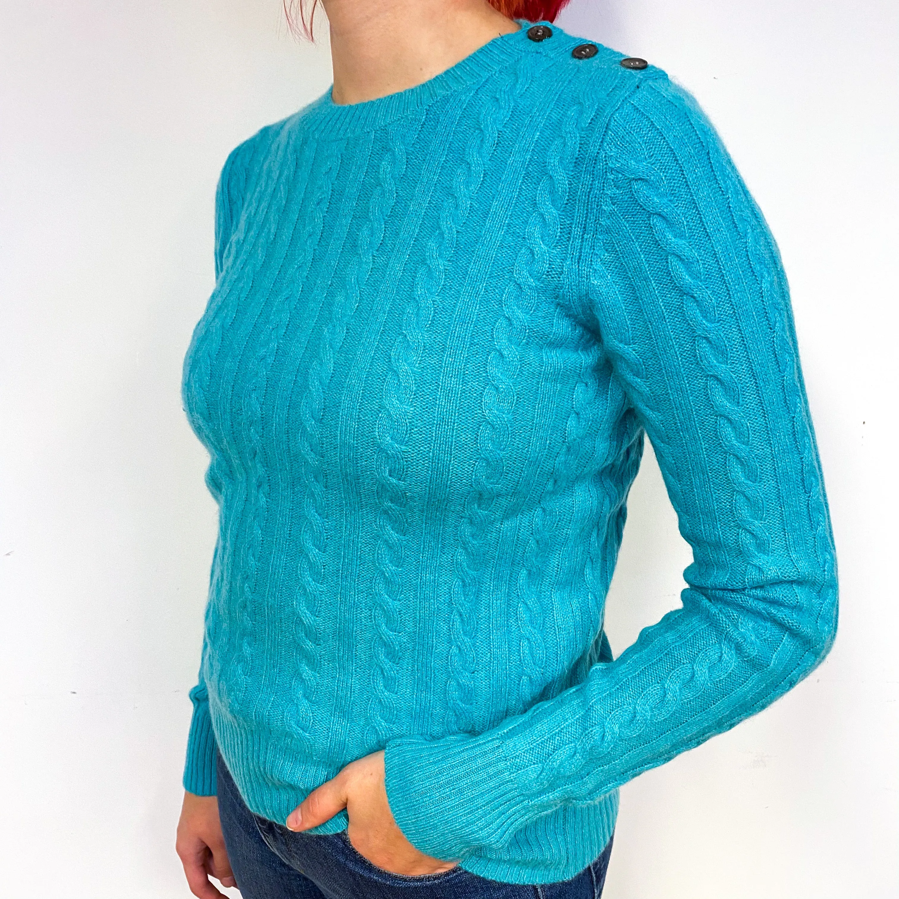 Turquoise Green Cable Cashmere Crew Neck Jumper Small