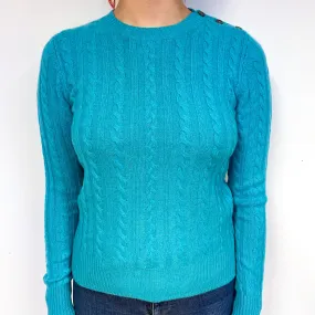 Turquoise Green Cable Cashmere Crew Neck Jumper Small