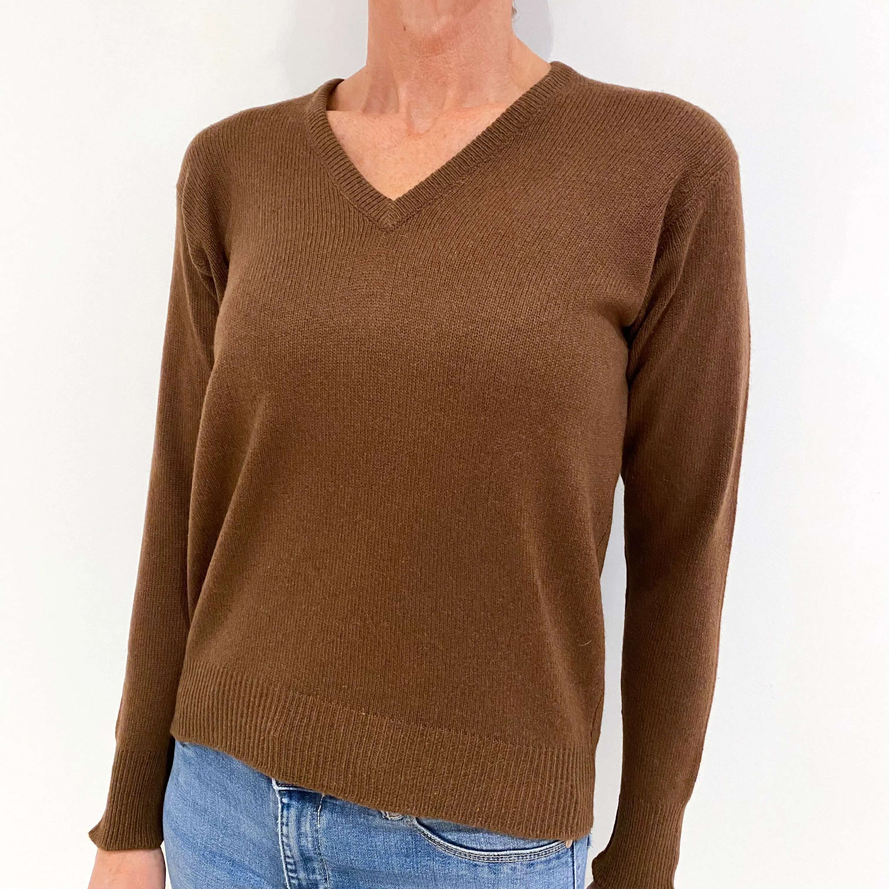 Vintage Milk Chocolate Brown Cashmere V-Neck Jumper Small