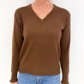 Vintage Milk Chocolate Brown Cashmere V-Neck Jumper Small