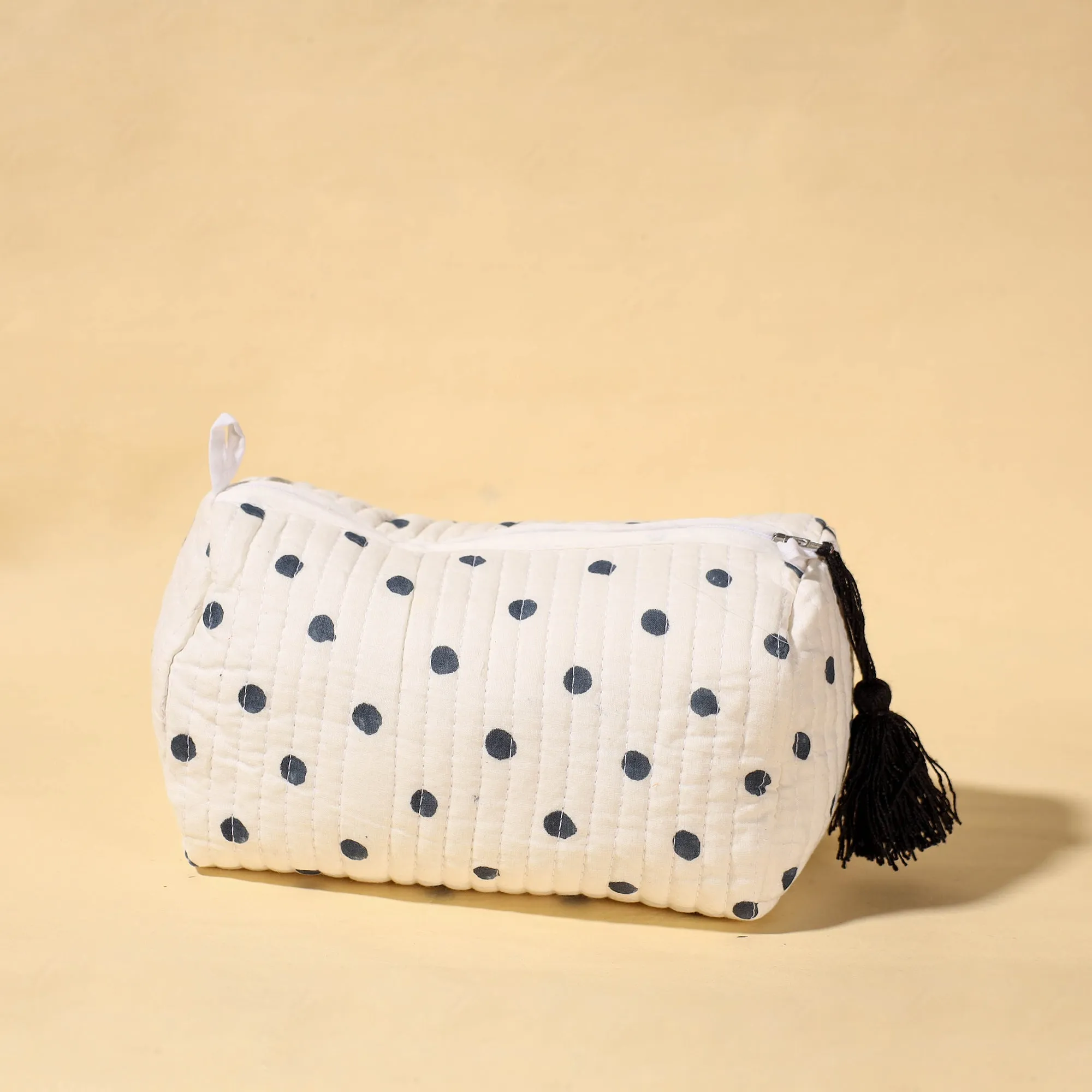White - Handmade Cotton Fabric Quilted Utility Pouch With Tassel